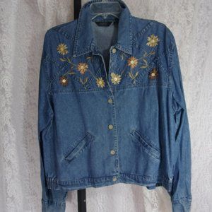 AGAPO Collection Denim Blue Chambray Jean Jacket Daisy Trim Size XL